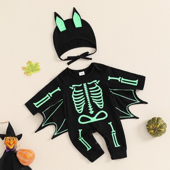 Baby Boys Girls Bat Glow in the Dark Skeleton Halloween Romper Jumpsuit Costume - Picture 2 of 7
